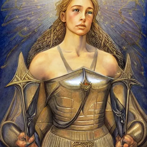 Prompt: most beautiful jeanne d'arc in the style of william blake, terese nielsen, detailed, intricate, beautiful faces, steve argyle, triumphant fate, pastoral fantastic reality