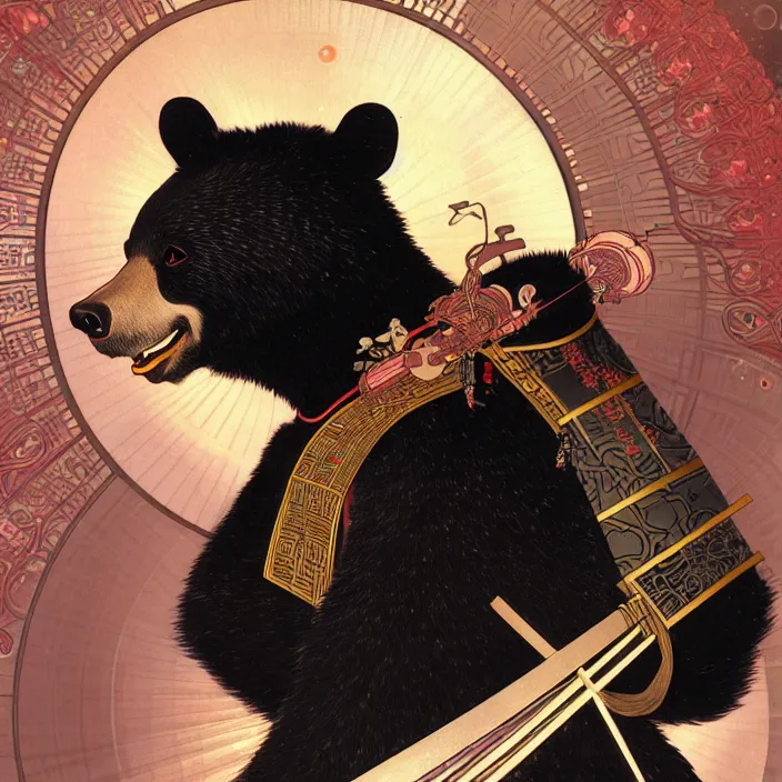 Image similar to anthropomorphic samurai asian black bear in space suit, fantasy, intricate, highly detailed, lifelike, photorealistic, digital painting, artstation, illustration, concept art, smooth, sharp focus, art by alphonse mucha and kitagawa utamaro and ogata korin and aya takano