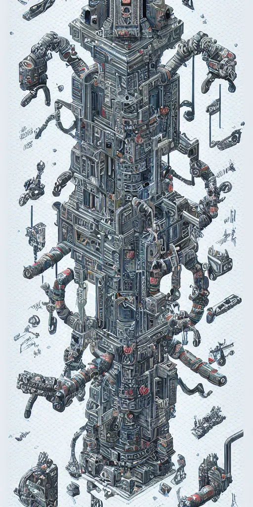 Image similar to isometric anatomy of the terminator, robot, cyborg, t100, diagrams, mystical, intricate ornamental tower floral flourishes, technology meets fantasy, map, infographic, concept art, art station, style of monument valley, giger, wes anderson