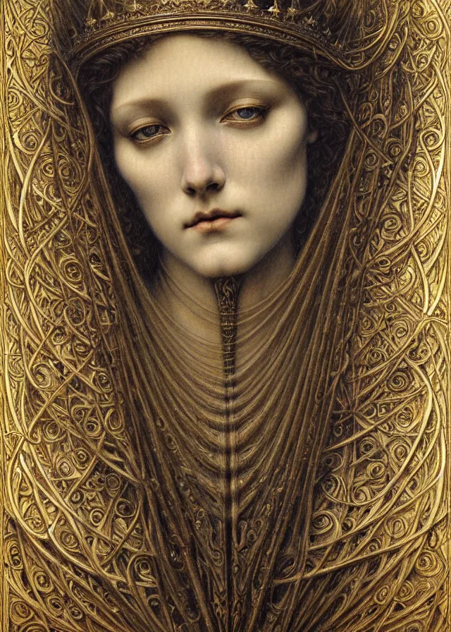 Image similar to detailed realistic beautiful young medieval queen face portrait by jean delville, gustave dore and marco mazzoni, art nouveau, symbolist, visionary, gothic, pre - raphaelite. horizontal symmetry