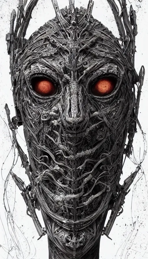 Image similar to ancient biomechanical hybrid slavic thunder god armored head fantasy beautiful human witch face mask tattoo pattern concept, glagolitic glyph, intricate artwork by, Johnatan Wayshak, Zdizslaw Beksinski, Artgerm, H.R. Giger, very coherent artwork, cinematic, hyper realism, high detail, octane render, unreal engine, 8k, High contrast, higly detailed black ink outline, crosshatch sketch gradient