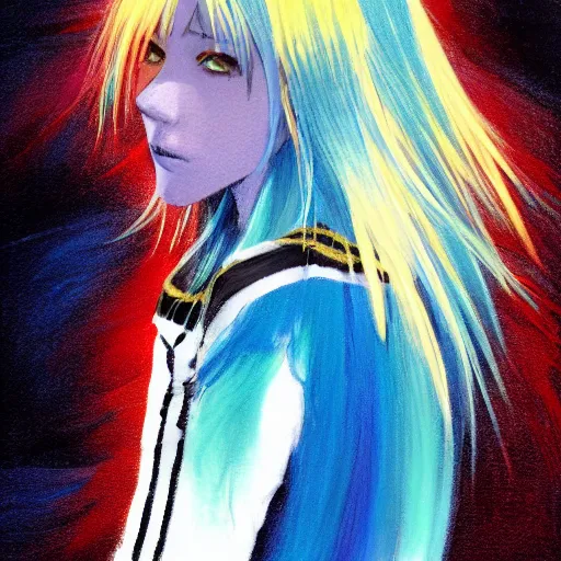 Image similar to profile shot of rimuru tempest, sky blue straight hair, long bangs, gold eyes, amber irises, wearing a black jacket with white stripes, high collar, ultra detailed, wild brush strokes, digital painting, cinematic, wlop, pixiv, color block, eerie, scary, yoshitaka amano, ilya kuvshinov, andy warhol