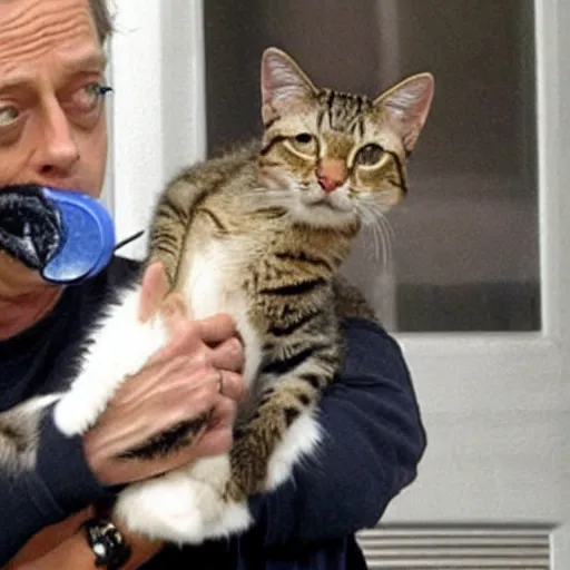 Image similar to a tmz photo of steve buscemi eating a cat