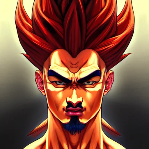 Image similar to symmetry!! intense portrait of sangoku ssj, intricate, elegant, highly detailed, my rendition, digital painting, artstation, concept art, smooth, sharp focus, illustration, art by artgerm and greg rutkowski and alphonse mucha