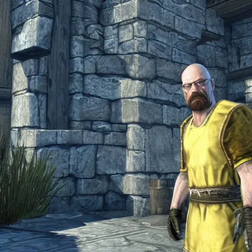 Prompt: screenshot of Walter White as a mage in The Elder Scrolls: Skyrim, pc game, rtx, ray tracing, nvidia geforce experience