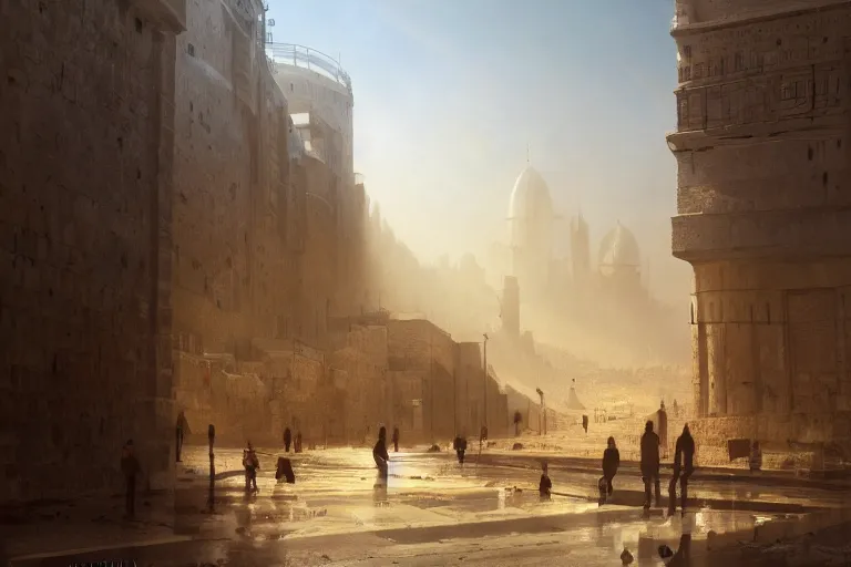 Prompt: jerusalem in the year 3 0 5 0, matte painting, long shot, concept art, wide shot, digital art, trending on artstation, 4 k, extremely detailed, realistic, midday, warm colors, golden sunlight, by greg rutkowski, cinematic, epic