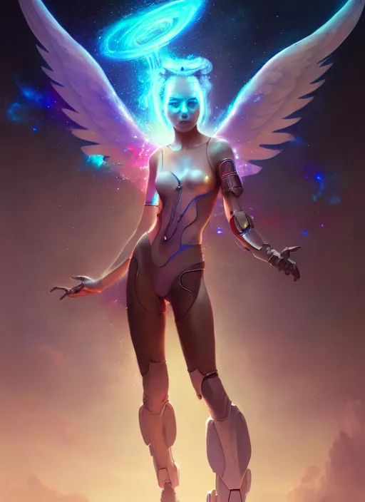 Image similar to portrait of beautiful angel girl with wings like a galaxy in space holding the universe in her hands, cyberpunk, 3 d render, hyper realistic detailed, scifi, fantasy, octane render, concept art, peter mohrbacher, artgerm, ruan jia, wlop, cyberpunk, dynamic lighting