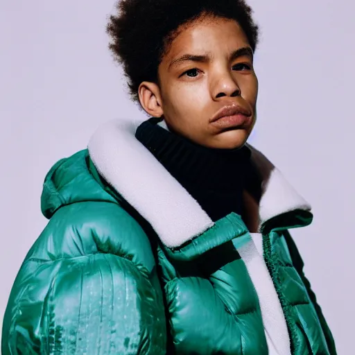 Image similar to realistic! photoshoot for a new balenciaga lookbook, color film photography, portrait of a beautiful woman wearing a puffer jacket, photo in style of tyler mitchell, fisheye lens