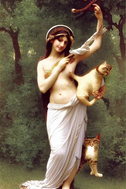 Prompt: cat fursuit as a greek goddess, painting by william adolphe bouguereau