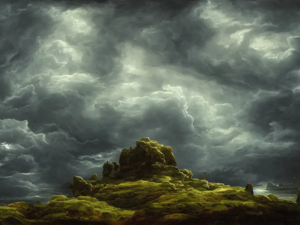 Image similar to detailed landscape, high cliff, very detailed dark super storm, hyper realistic clouds, impressive, magical, very atmospheric, smoke boiling, cinematic, deep, very high complexity, stunning, masterpiece, chiaroscuro, in the style of caspar david friedrich, very detailed. 4 k