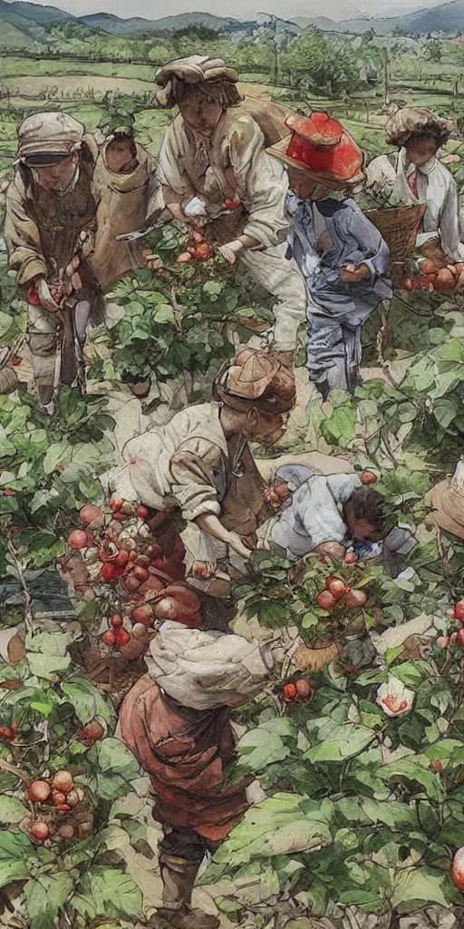 Image similar to oil painting scene from apple gardeners by kim jung gi