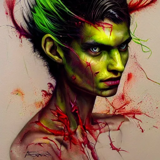 Prompt: a Demon Slayer portrait of Jamie Tovell, tall, pale-skinned, slender with lime green eyes and long eyelashes by Stanley Artgerm, Tom Bagshaw, Arthur Adams, Carne Griffiths, trending on Deviant Art, street art, face enhance, chillwave, maximalist, full of color, glittering