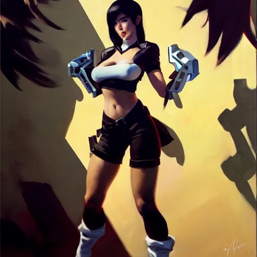 Image similar to Greg Manchess portrait painting o Tifa Lockheart as Overwatch character, medium shot, asymmetrical, profile picture, Organic Painting, sunny day, Matte Painting, bold shapes, hard edges, street art, trending on artstation, by Huang Guangjian and Gil Elvgren and Sachin Teng