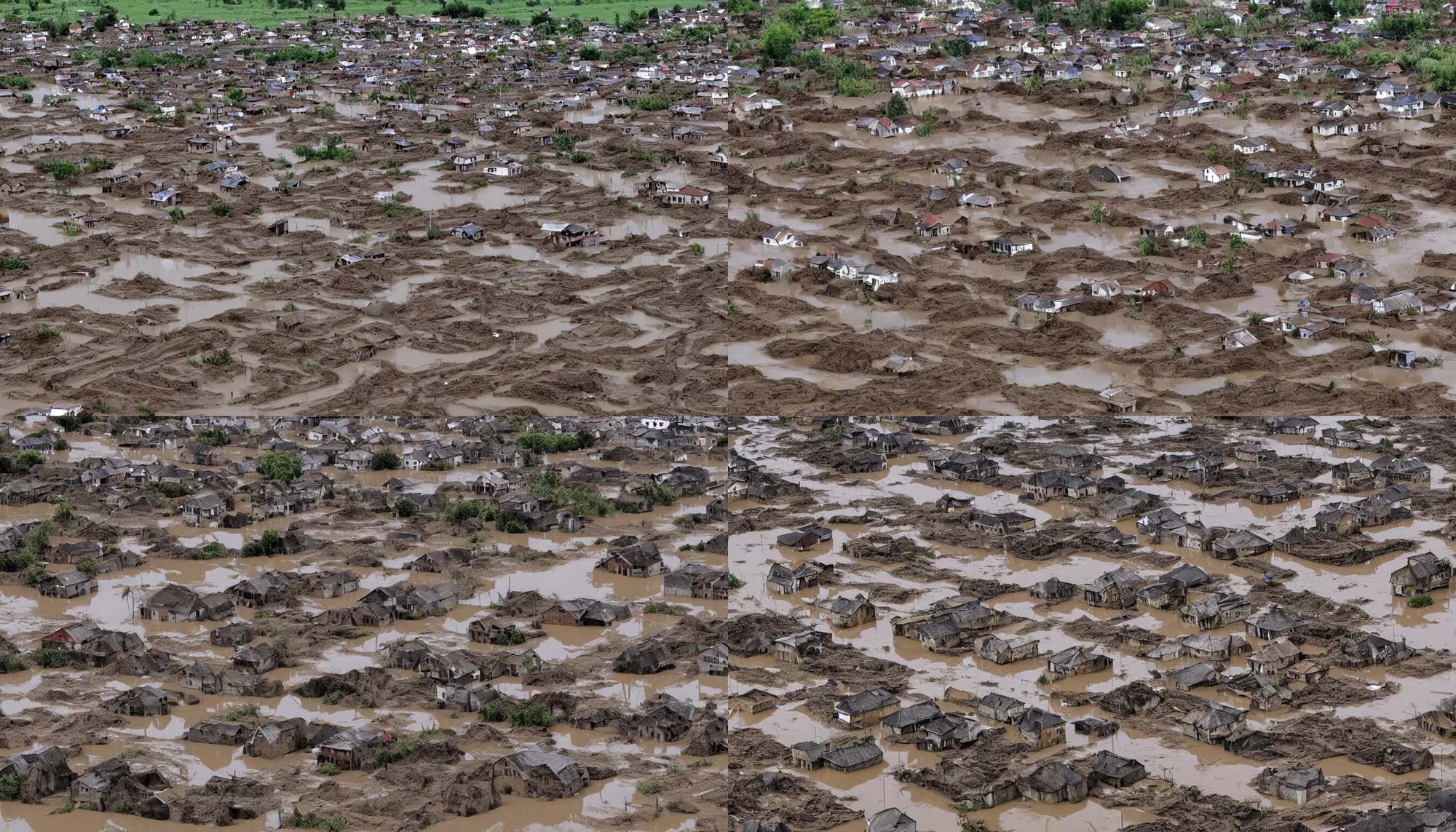 Prompt: Houses covered in mud, water