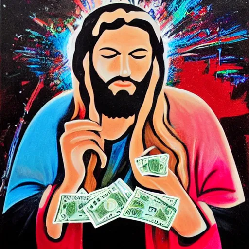 Prompt: painting of Jesus in the style of Alec monopoly, raining money