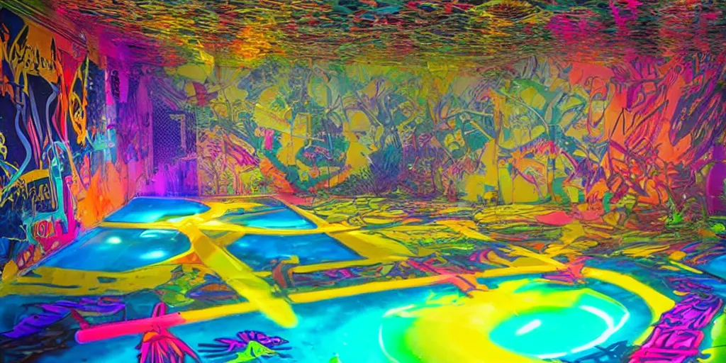 Image similar to backflip into a pool caustics lighting impressive colorful masterpiece graffiti