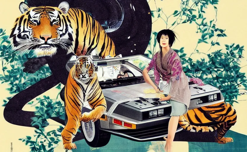 Image similar to a delorean and a tiger, art by hsiao - ron cheng and utagawa kunisada, magazine collage, # e 5 3 7 1 b, # e 4 e 6 2 0, # de 9 5 f 0,