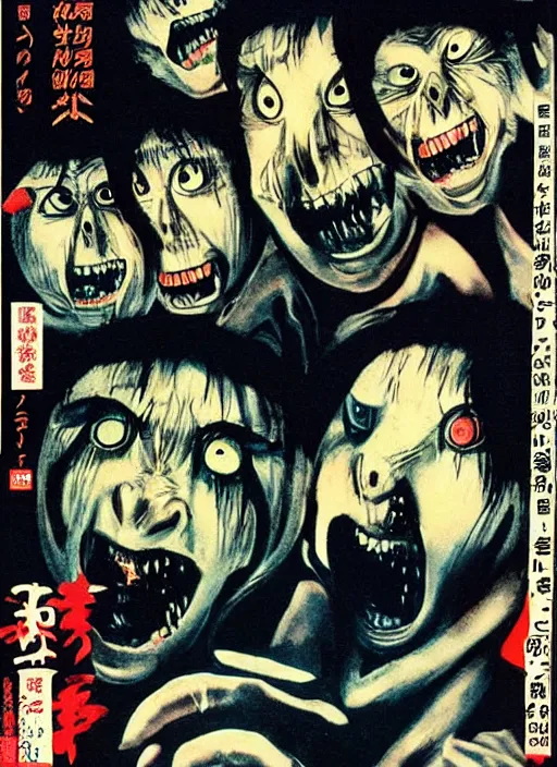 Image similar to vintage japanese movie poster with mutated nightmarish creatures, from a 1 9 8 0 s japanese horror movie