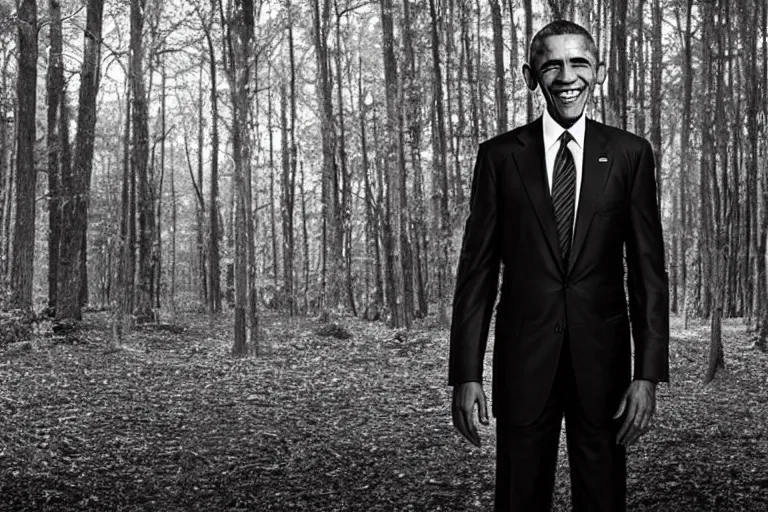 Image similar to barack obama standing far away in the woods at night, horror, unsettling grin, found footage, dark