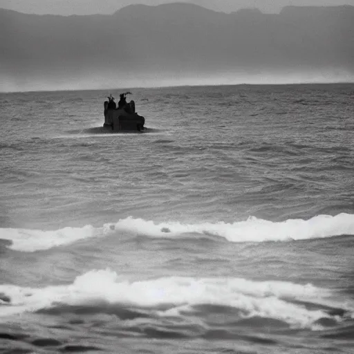 Prompt: photo of a military mech visible on the horizon standing in water