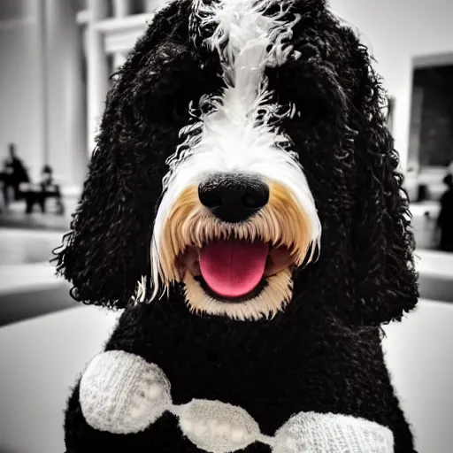 Image similar to a closeup photorealistic photograph of a cute smiling knitted bernedoodle judge dog dressed in a black gown, presiding over the courthouse. indoor shot, professional capture, well lit photo. this 4 k hd image is trending on artstation, featured on behance, well - rendered, extra crisp, features intricate detail, epic composition and the style of unreal engine.