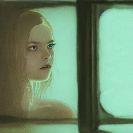 Image similar to silhouette of a Elle Fanning gazing in a mirror, pitch black room, extremely detailed masterpiece, oil on canvas, low-key neon lighting, artstation, Blade Runner 2049, Roger Deakin’s cinematography, by J. C. Leyendecker and Edward Hooper and Bosch,