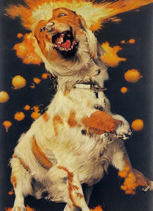 Image similar to a norman rockwell painting of an exploding dog