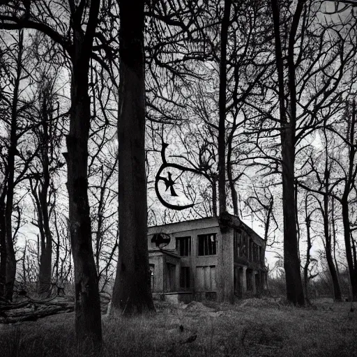 Prompt: twisted creepy building with in a dark forest at midnight