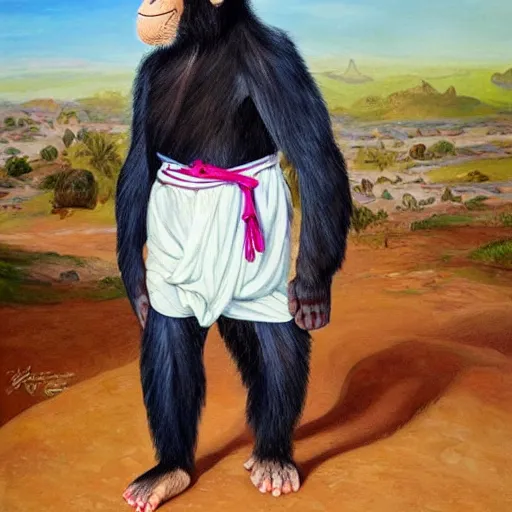 Image similar to beautiful painting by sophie anderson of a chimpanzee wearing traditional men kurdish clothes baggy pants and white shirt with a large sash tied around the waist in a kurdish village, award winning art, insanely detailed, bright colors, global illumination, cute, young, stunning