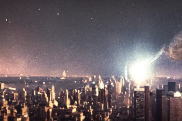 Image similar to cinematic shot of a comet hitting New York City. Riots and panic.