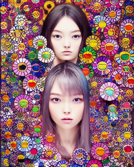 Image similar to a beautiful girl surrounded by bright intricate patterns, by takashi murakami, intricate painting, hyper realistic, extremely detailed and beautiful aesthetic face, 8 k resolution