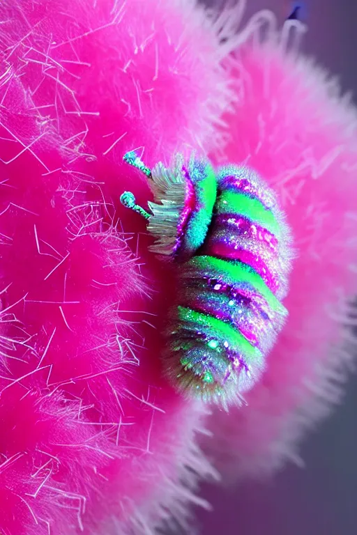 Image similar to high quality close-up photo pearlescent fluffy caterpillar! gorgeous highly detailed hannah yata elson peter cinematic pink lighting high quality low angle hd 8k sharp shallow depth of field