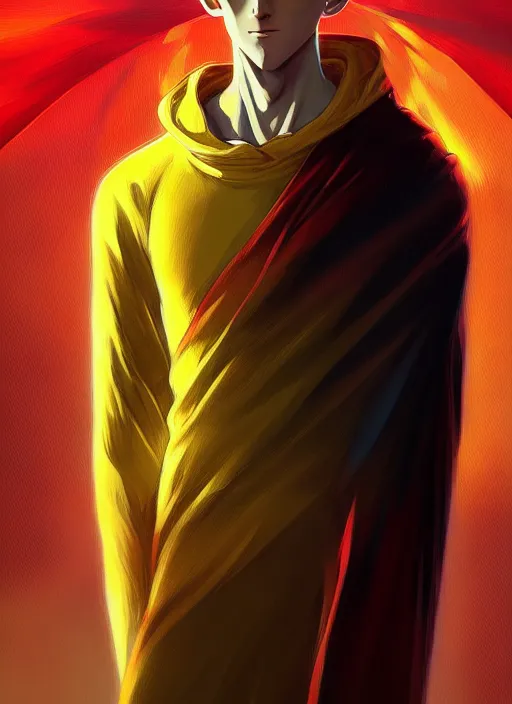 Image similar to handsome saitama, half body shot, path traced, red and yellow, cape, highly detailed, high quality, digital painting, alena aenami, lilia alvarado, shinji aramaki, karol bak, alphonse mucha, tom bagshaw