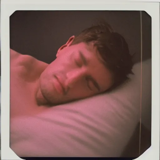 Prompt: soft polaroid photo of man that just woke up and lying in his bed, cinestill 800t