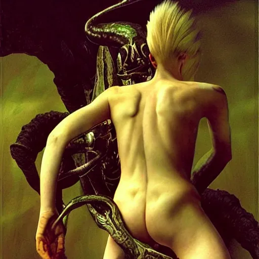 Image similar to still frame from Prometheus movie, Slaanesh succubus godess editorial by wayne barlowe by caravaggio by giger by malczewski