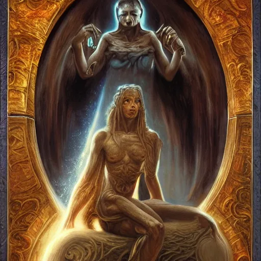 Prompt: The portal master tarot card by Tomasz Alen Kopera and Salvador Dali, impressive perspective, masterpiece, trending on artstation