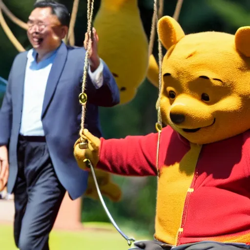 Image similar to winnie the pooh pushing xi jinping on a swing