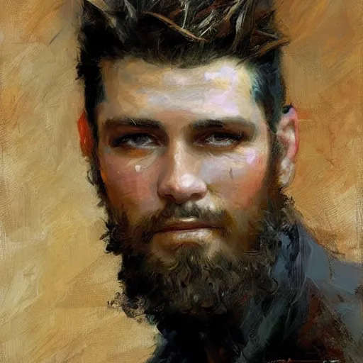 Prompt: a man with a faux hawk haircut, painting by Gaston Bussiere, Craig Mullins