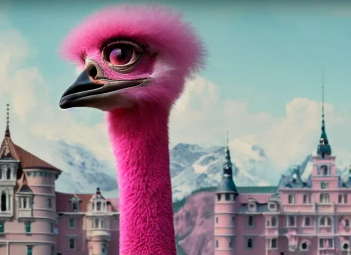 Image similar to a film still of a pompous pink ostrich in the grand budapest hotel ( 2 0 1 4 ) )