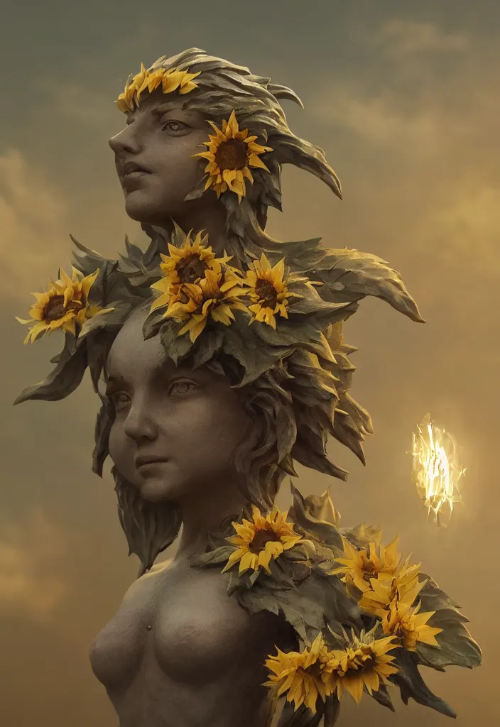 Image similar to a small hybrid sunflower statue by greg rutkowski, sung choi, mitchell mohrhauser, maciej kuciara, johnson ting, maxim verehin, peter konig, 8 k photorealistic, cinematic lighting, hd, high details, dramatic, atmosphereric, trending on artstation