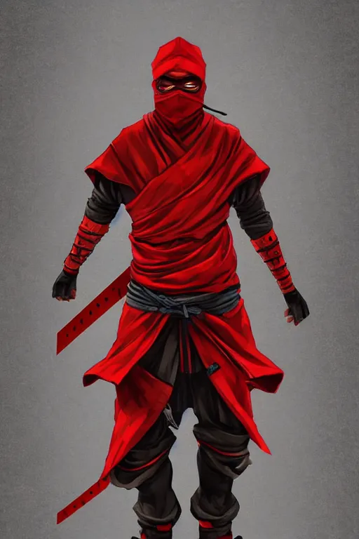 Image similar to full body westword host dressed like shinobi ninja, focused stare, partially masked, highly detailed, photobash, photorealistic render, trending on artstation, character design, red background, cinematic lighting