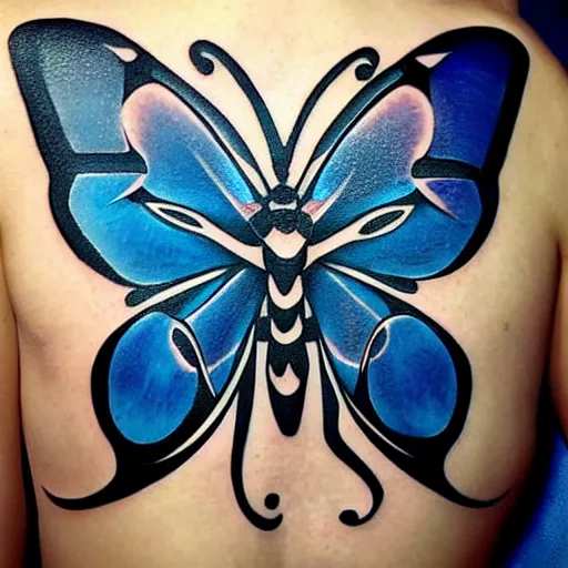 Prompt: tattoo design, stencil, traditional, big blue diabetes ribbon transforming into a butterfly, upper body, by artgerm, artgerm, digital art