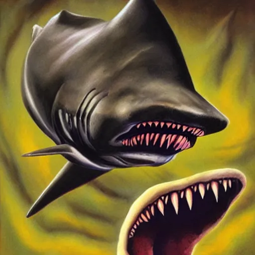 Image similar to julie bell illustration of a shark, Alien mouth