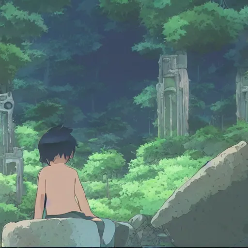 Image similar to an explorer finding ruins of a cat civilization, water, by Dice Tsutsumi, Makoto Shinkai, Studio Ghibli