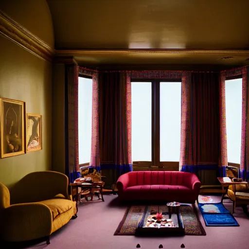 Prompt: wes anderson style interior, vermeer lighting, imax 4 0 mm anamorphic lens, kodak vision 3 2 0 0 t 5 2 1 3 1 2 8 0 x 8 0 4