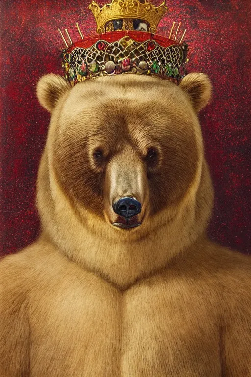 Prompt: “A majestic portrait of a bear wearing a crown sitting in a stone throne,national geographic,titian, Tom Bagshaw, Sam Spratt, maxfield parrish, gustav klimt, high detail, 8k, intricate, gold red and pink colors”