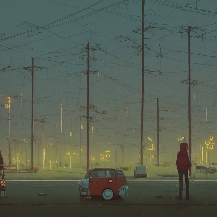 Prompt: a scene from serial experiments lain, by simon stalenhag