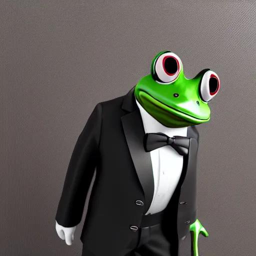 Image similar to a frog in a tuxedo suit holding a suitcase, octane render, hyperrealistic, 8K, 3D