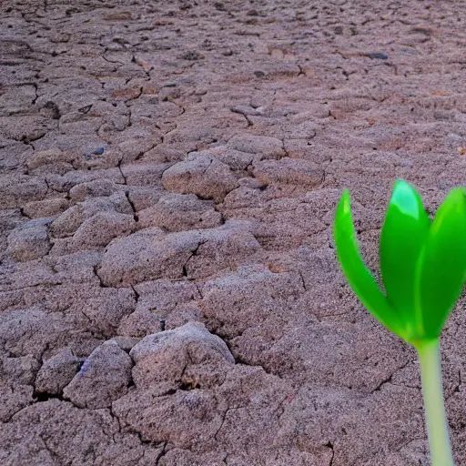 Image similar to a single sprout grows in a barren desert, low angle 8k HD nature photo