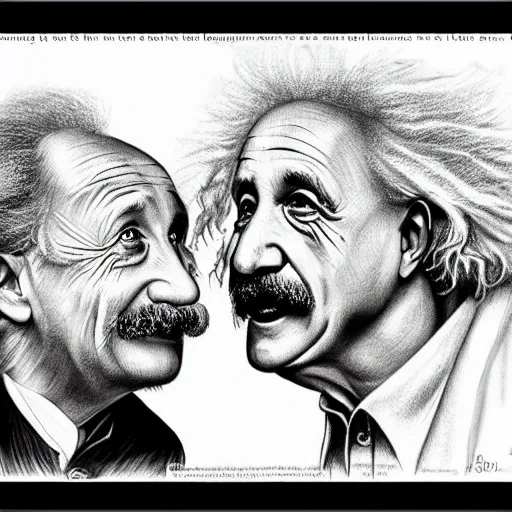 Image similar to Einstein and Newton speaks each other on a topic, pencil drawing, ultra detailed